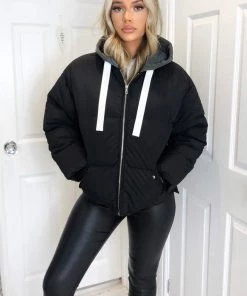 AX Paris Coats & Jackets Black Fabric Hood Puffer Jacket