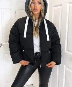 AX Paris Coats & Jackets Black Fabric Hood Puffer Jacket