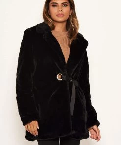 AX Paris Coats & Jackets Black Faux Fur Circle Belted Coat