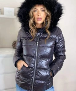 AX Paris Black Faux Fur Wet Look Coat
