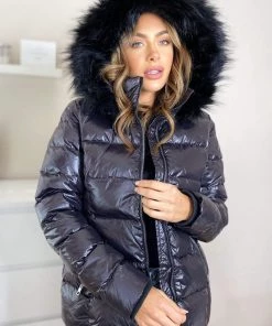 AX Paris Black Faux Fur Wet Look Coat