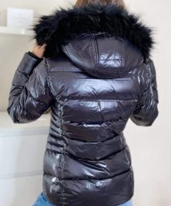 AX Paris Black Faux Fur Wet Look Coat