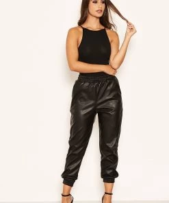 AX Paris Black Faux Leather Joggers Trousers & Leggings