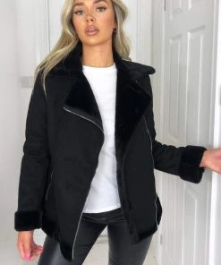 AX Paris Black Faux Suede Aviator Jacket