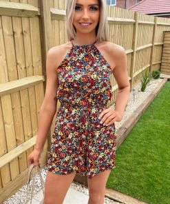 AX Paris Black Floral Drawstring Waist Playsuit Jumpsuits And Playsuits