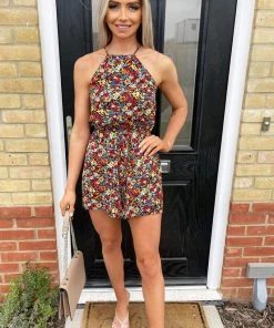 AX Paris Black Floral Drawstring Waist Playsuit Jumpsuits And Playsuits