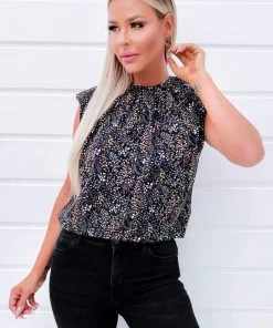 AX Paris Black Floral Padded Shoulder Sleeveless Blouse