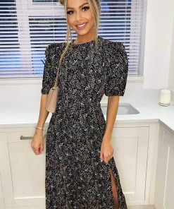 AX Paris Black Floral Pleated Puff Sleeve Midi Dress