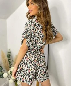 AX Paris Black Floral Print Button Up Playsuit Jumpsuits And Playsuits