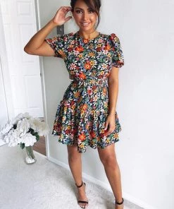AX Paris Dresses Black Floral Puff Sleeve Tie Waist Dress