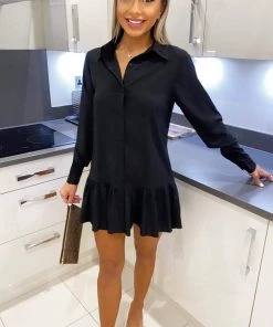 AX Paris Black Frill Hem Shirt Dress