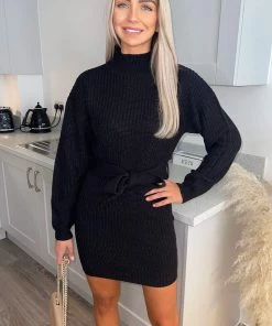 AX Paris Black High Neck Belted Knitted Jumper Dress Dresses