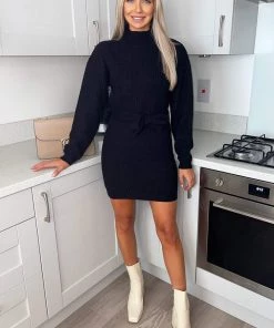 AX Paris Black High Neck Belted Knitted Jumper Dress Dresses
