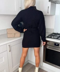 AX Paris Black High Neck Belted Knitted Jumper Dress Dresses