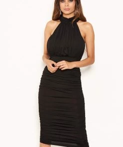 AX Paris Black High Neck Ruched Bodycon Midi Dress Dresses 10 AX Paris Black High Neck Ruched Bodycon Midi Dress Dresses