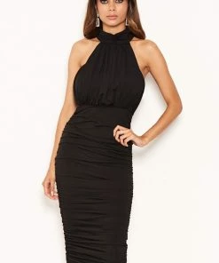 AX Paris Black High Neck Ruched Bodycon Midi Dress Dresses