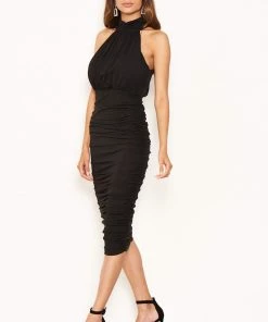 AX Paris Black High Neck Ruched Bodycon Midi Dress Dresses