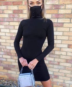 AX Paris Dresses Black Jersey Long Sleeve Mask Bodycon Dress