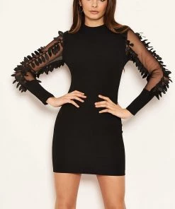 AX Paris Black Leaf Mesh Sleeve Bodycon Dress Dresses