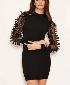 AX Paris Black Leaf Mesh Sleeve Bodycon Dress Dresses