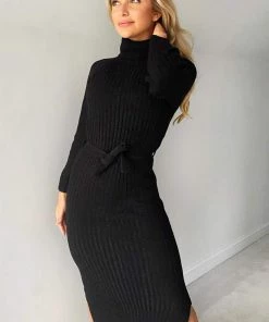 AX Paris Black Long-line Roll Neck Knitted Dress Dresses