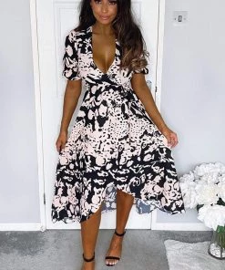 AX Paris Dresses Black Nude Abstract Print Wrap Midi Dress