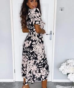 AX Paris Dresses Black Nude Abstract Print Wrap Midi Dress 6 AX Paris Dresses Black Nude Abstract Print Wrap Midi Dress