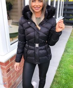 AX Paris Black Padded Belted Puffer Jacket Coats & Jackets