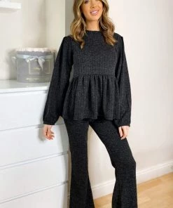 AX Paris Loungewear Black Peplum Flared Leg Lounge Set