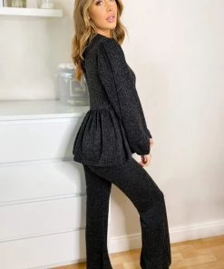 AX Paris Loungewear Black Peplum Flared Leg Lounge Set
