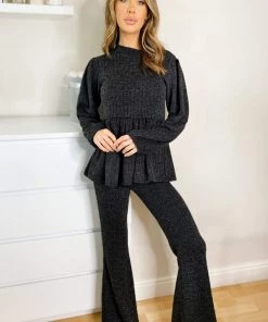 AX Paris Loungewear Black Peplum Flared Leg Lounge Set