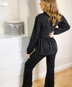 AX Paris Loungewear Black Peplum Flared Leg Lounge Set