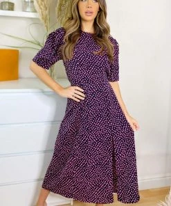 AX Paris Black And Pink Dot Pleat Sleeve Split Midi Dress