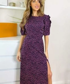AX Paris Black And Pink Dot Pleat Sleeve Split Midi Dress