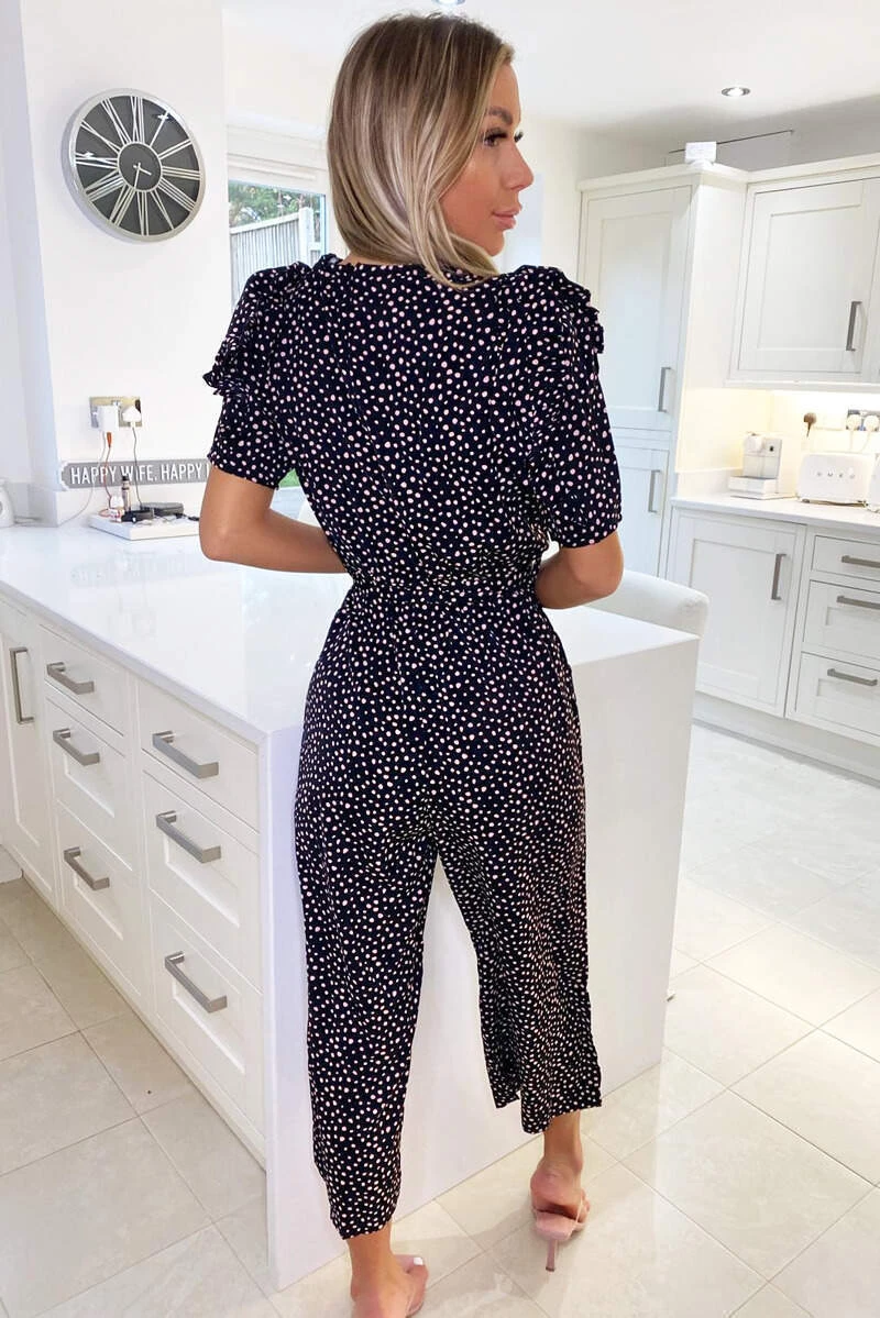 AX Paris Black Pink Polka Dot Pleat Sleeve Jumpsuit 4 AX Paris Black Pink Polka Dot Pleat Sleeve Jumpsuit
