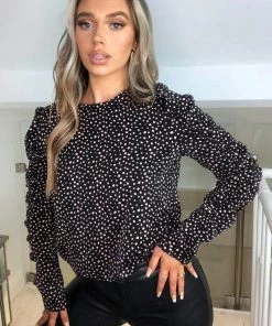 AX Paris Black Pink Polka Dot Ruched Sleeve Top