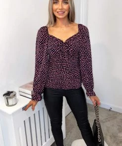 AX Paris Black Pink Spotted Milkmaid Long Sleeve Top