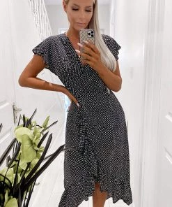 AX Paris Black Polka Dot Ruffle Wrap Midi Dress Dresses