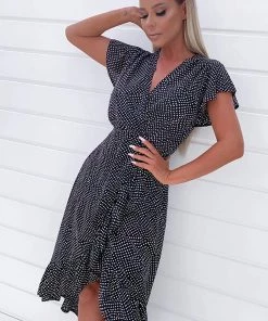 AX Paris Black Polka Dot Ruffle Wrap Midi Dress Dresses