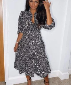 AX Paris Black Printed Button Up Swing Midi Dress