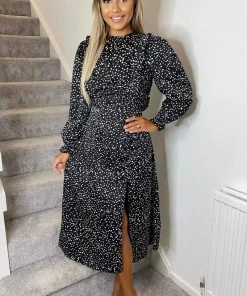 AX Paris Dresses Black Printed Frill Front Midi Dress