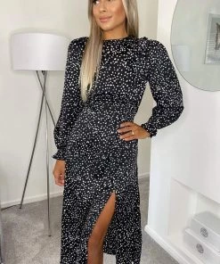 AX Paris Dresses Black Printed Frill Front Midi Dress