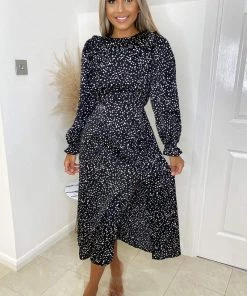 AX Paris Dresses Black Printed Frill Front Midi Dress 7 AX Paris Dresses Black Printed Frill Front Midi Dress