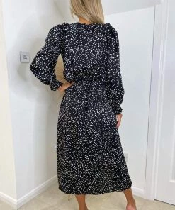 AX Paris Dresses Black Printed Frill Front Midi Dress 8 AX Paris Dresses Black Printed Frill Front Midi Dress