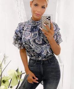 AX Paris Black Printed Frill Sleeve Crop Top