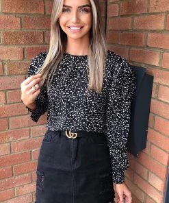 AX Paris Black Printed Pleated Sleeve Top Tops