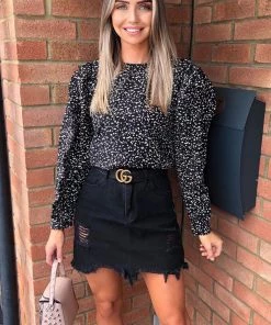 AX Paris Black Printed Pleated Sleeve Top Tops