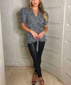 AX Paris Black Printed Short Ruffle Sleeve Wrap Top