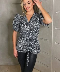 AX Paris Black Printed Short Ruffle Sleeve Wrap Top