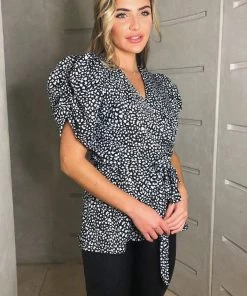 AX Paris Black Printed Short Ruffle Sleeve Wrap Top